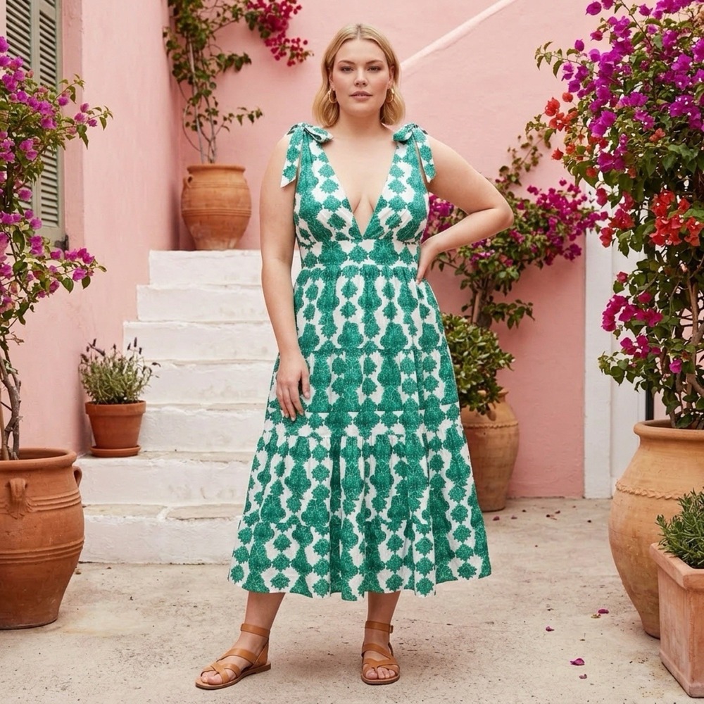 House of Harlow 1960 Green White Floral V-Neck Strappy Midi Sundress Lined M